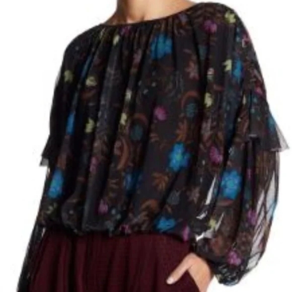FREE PEOPLE Wildflower Mesh Blouson Top Ruffle Long Sleeve Oversized XS 2 4 6 - Picture 8 of 8